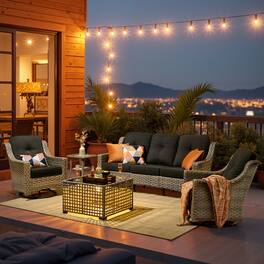 Ovios - 5 PCS Outdoor Patio Furniture Set with High-Back Wicker Sofa, Swivel Rocking Chairs and Coffee Table - Black