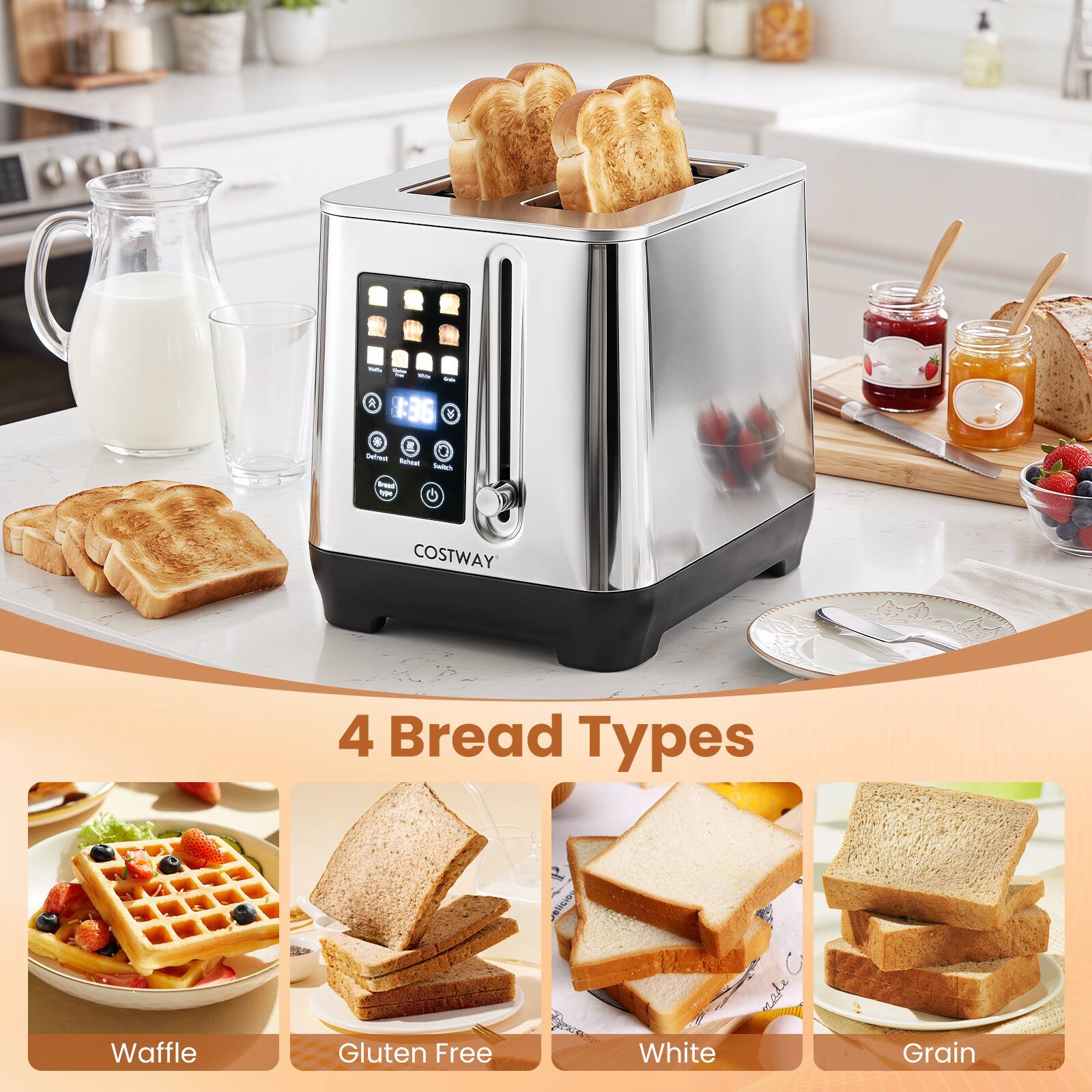 R 36 R  
Defrect Rishrat Switch iws  
COSTWAY  
4 Bread Types  
Waffle  
Gluten Free  
White  
Grain