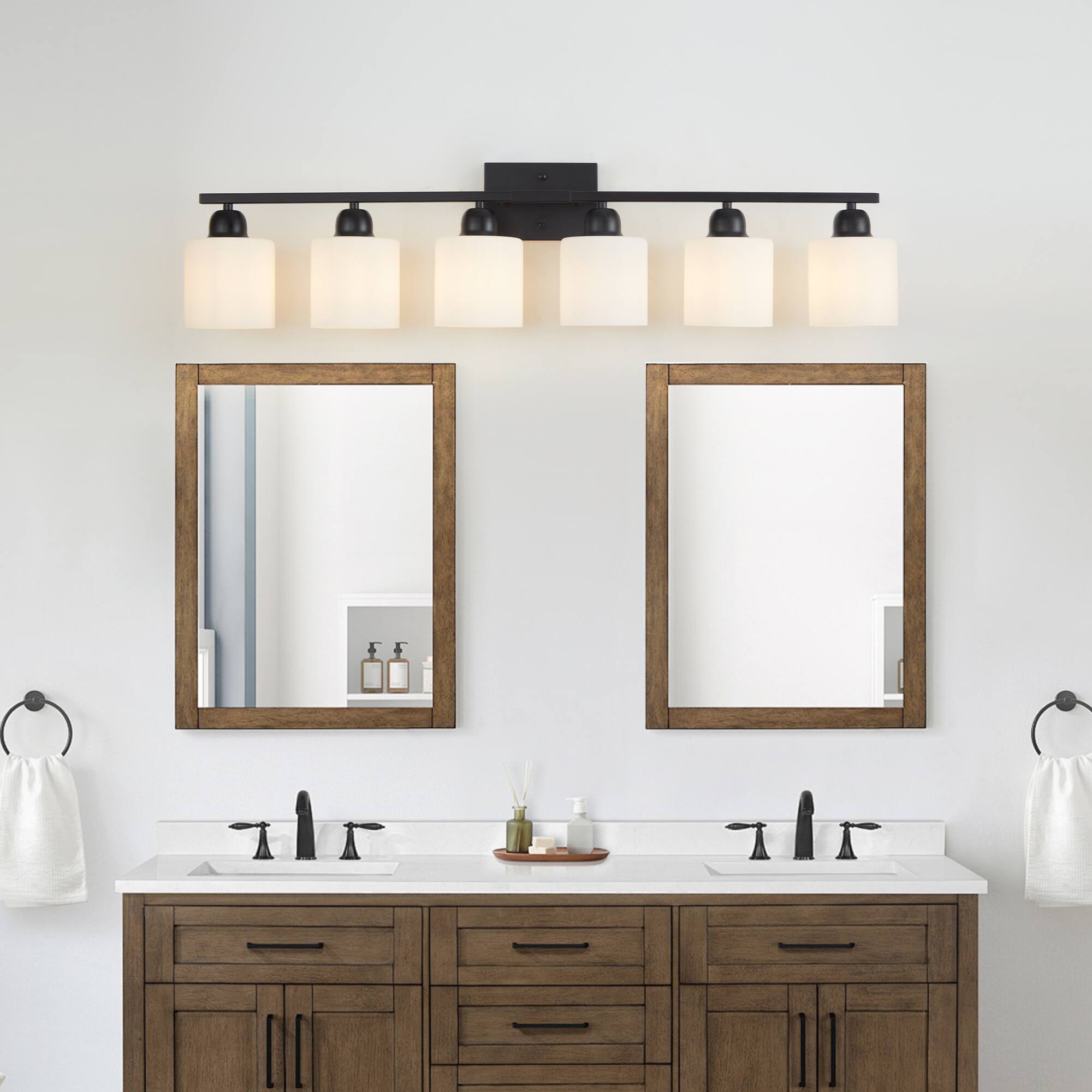 Left. HOMLUX - 38.19 in. 6 Lights Black LED Vanity Light Bar with Crystal Shade.