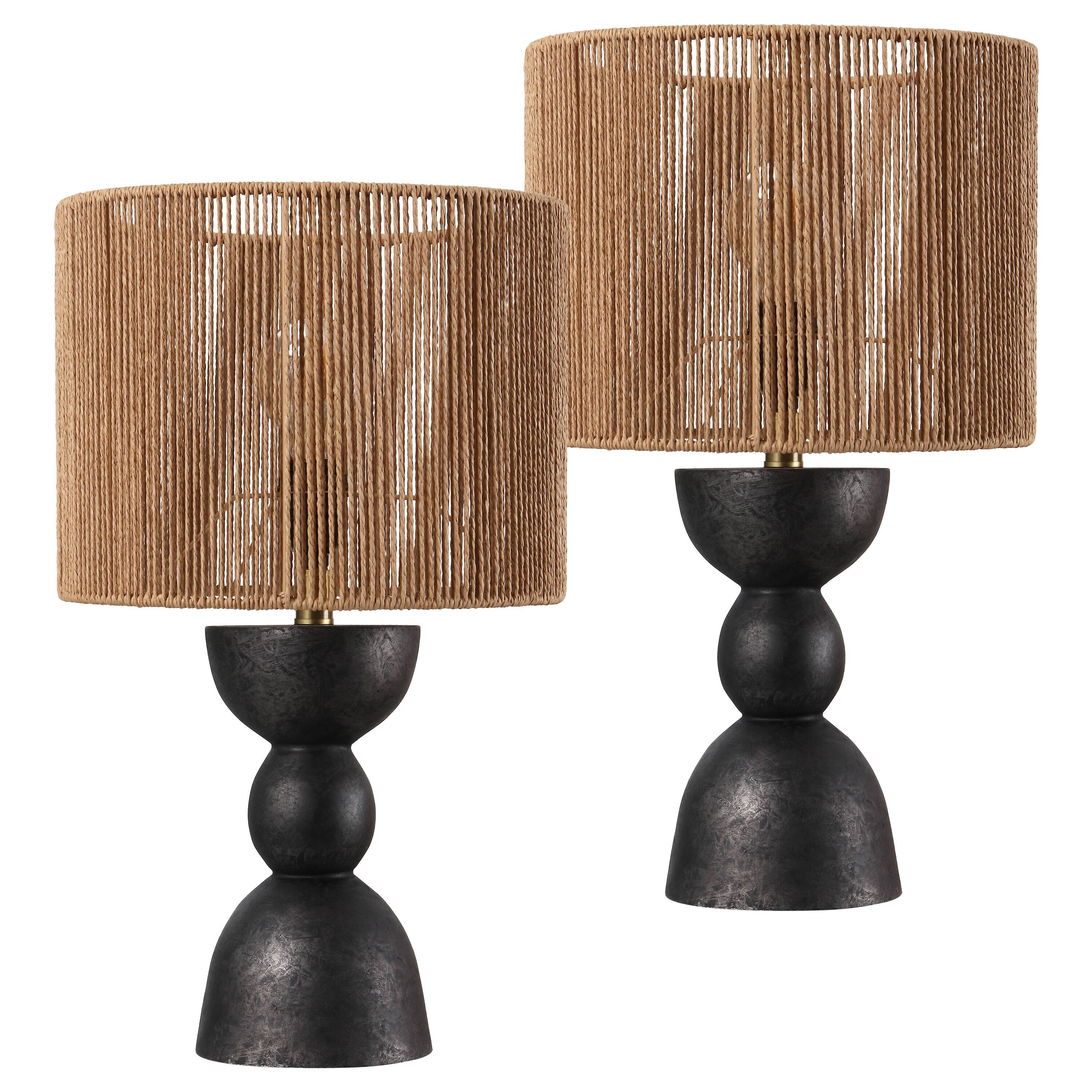 Alt View 7. Jonathan Y - Sherry 22 in. Bohemian Hourglass Totem Resin with Hand-Woven Paper Rope Drum Shade LED Table Lamp, Black (Set of 2) - Black.