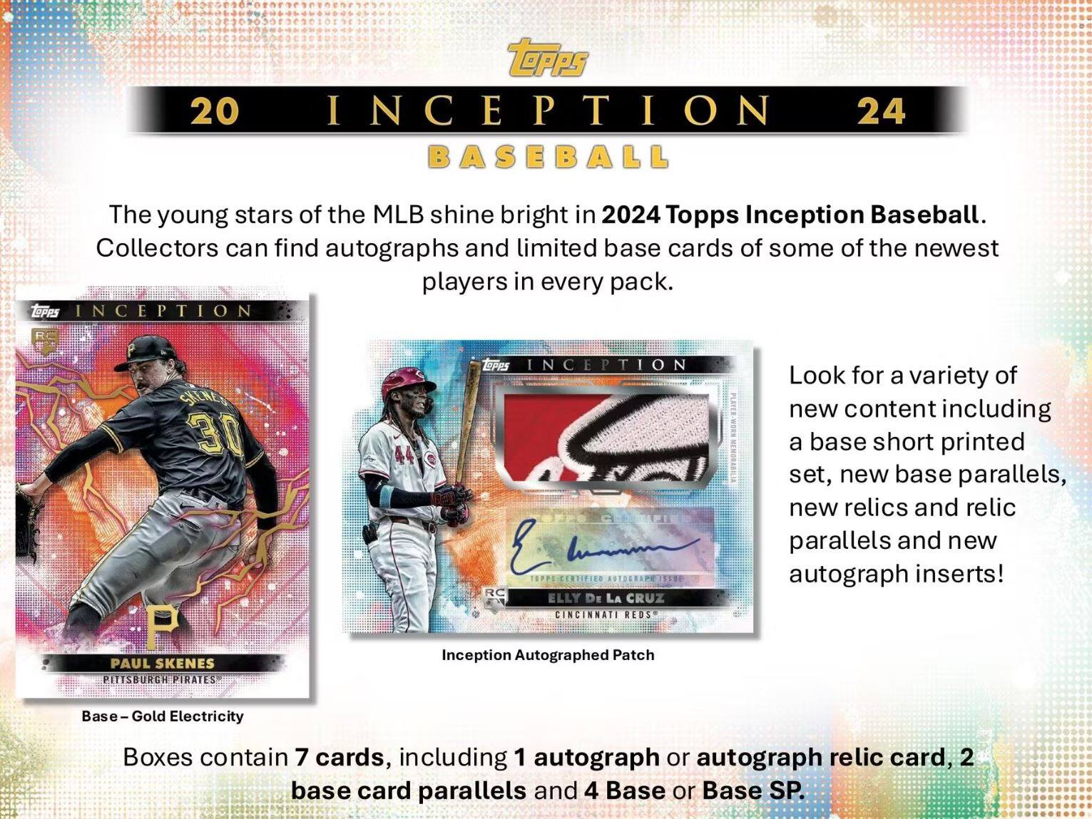 **2024 Topps Inception Baseball**

The young stars of the MLB shine bright in 2024 Topps Inception Baseball. Collectors can find autographs and limited base cards of some of the newest players in every pack.

Look for a variety of new content including a base short printed set, new base parallels, new relics and relic parallels and new autograph inserts!

**Boxes contain 7 cards, including 1 autograph or autograph relic card, 2 base card parallels and 4 Base or Base SP.**

- **PAUL SKENES**  
  PITTSBURGH PIRATES  
  Base – Gold Electricity

- **ELLY DE LA CRUZ**  
  CINCINNATI REDS  
  Inception Autographed Patch