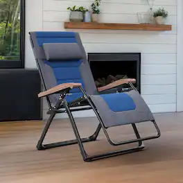 PURPLE LEAF - Widened Outdoor Chaise Lounge Patio Zero Gravity Recliner Folding Chair with Quilted Seat Adjustable Headrest for Lawn - Grey & Navy Blue