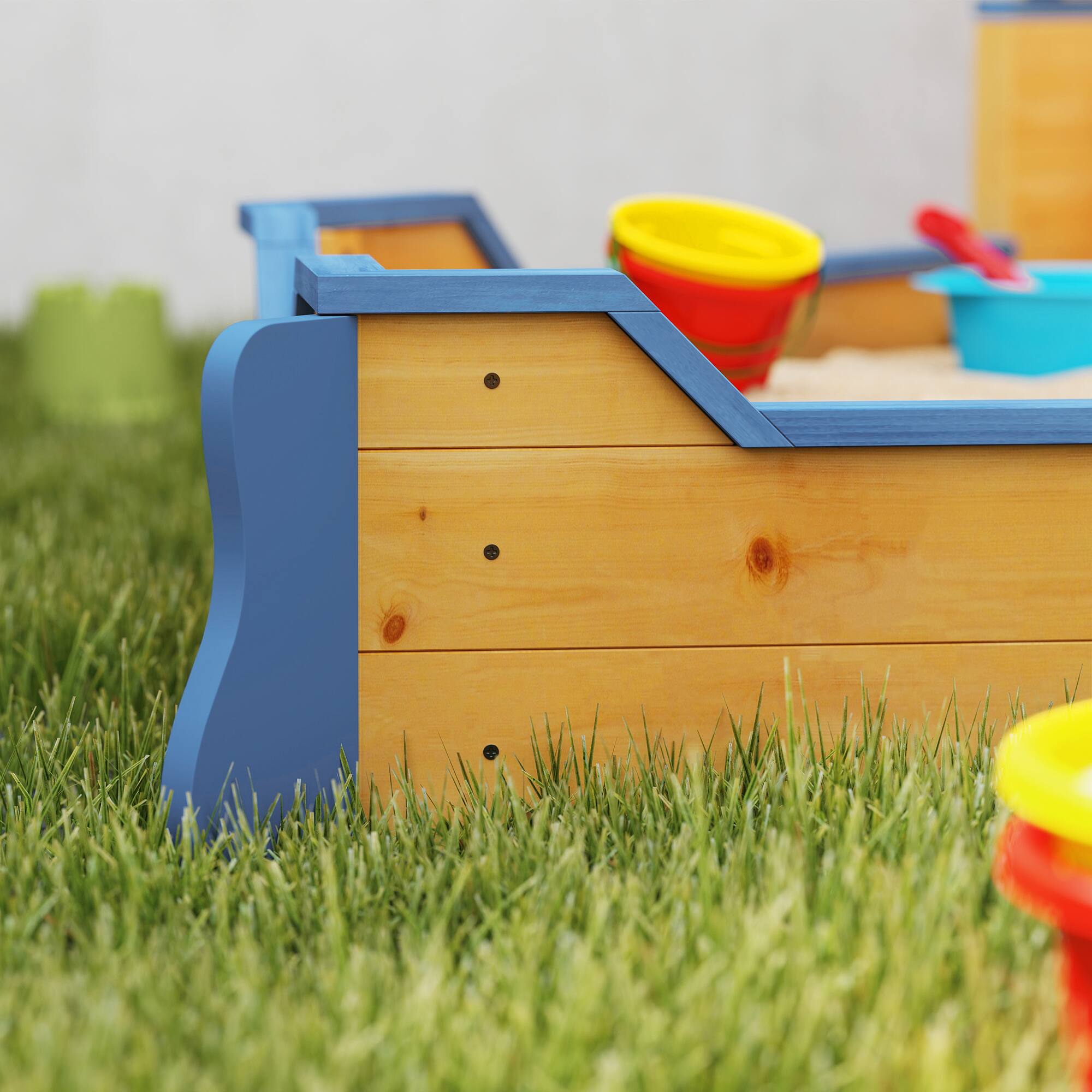 Alt View 5. Outsunny - Wooden Kids Sandbox, Pirate Ship Outdoor Sandboat, Bench Seats, Storage, Non-Woven Fabric Cloth, Lawn.