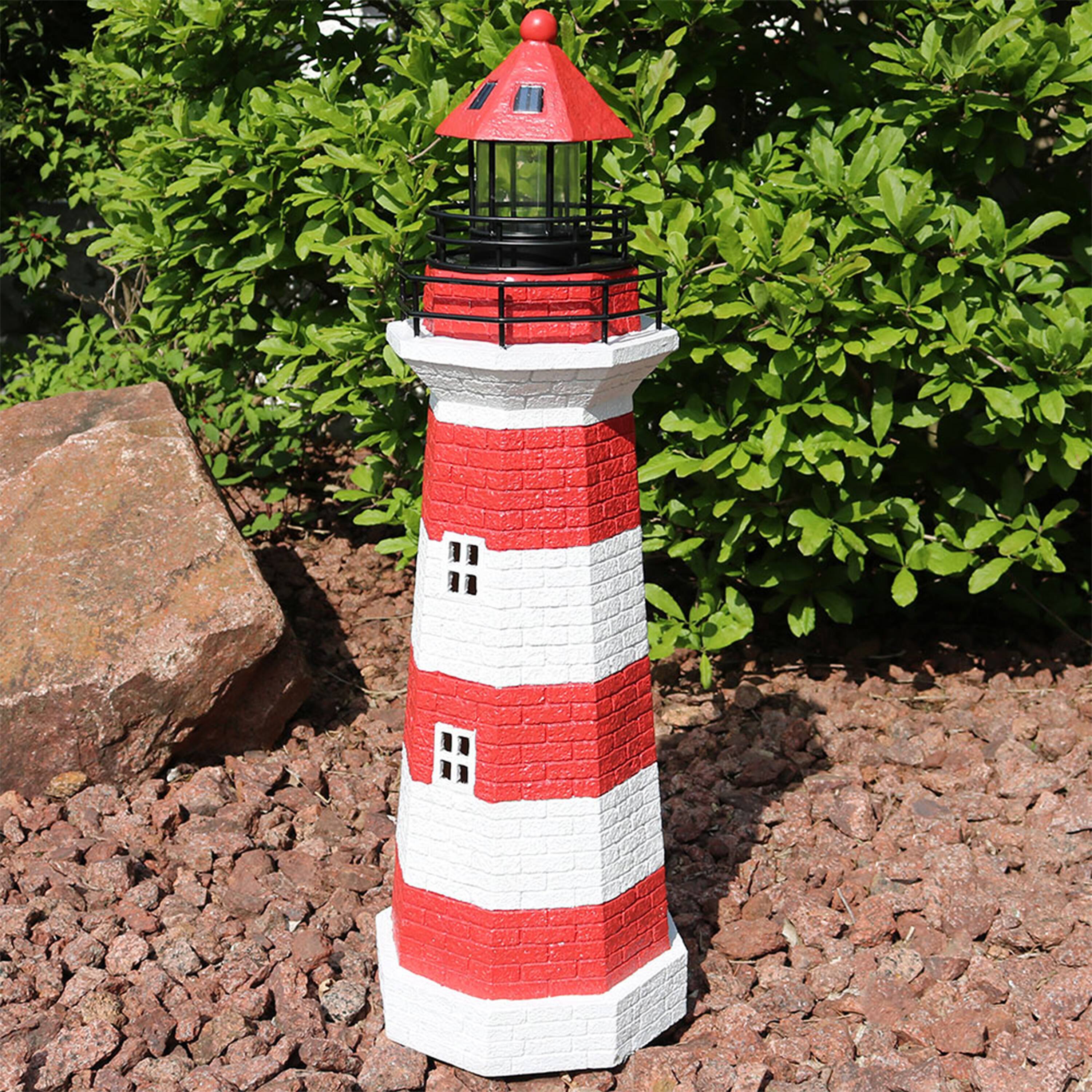 Alt View 3. Sunnydaze - 36 in Resin and Metal Solar LED Lighthouse Statue - Red Stripe.