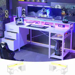 Aheaplus - Gaming Desk with LED Lights and Power Outlets, 59'' Computer Desk with 3 Drawers for Home & Office - White
