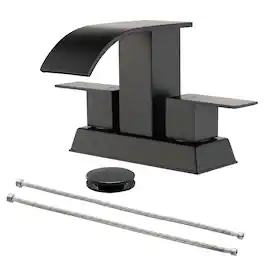 Black 4 Inch Centerset Faucet SUS304 Waterfall Spout 1.2GPM Dual Handle Pop Up Drain