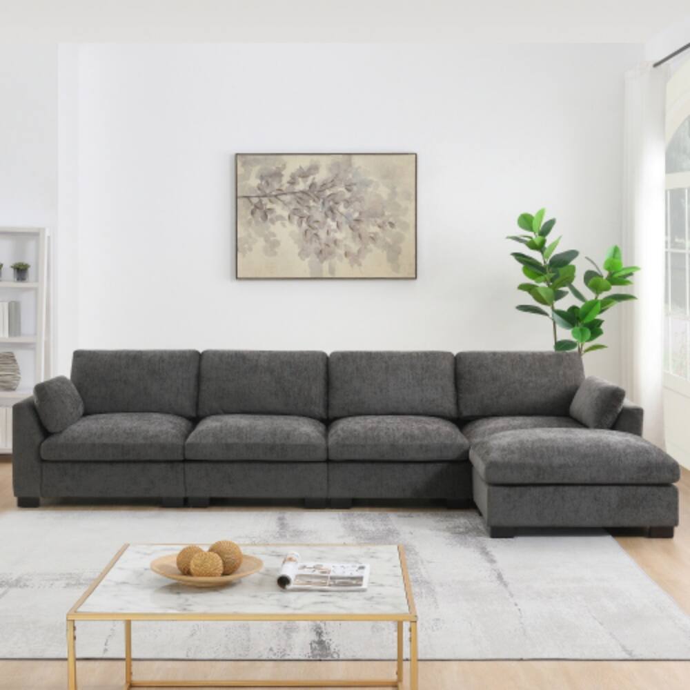 Alt View 2. LUCKY ONE - 130" L-Shape Modular Chenille Sectional Sofa w/ Folding Table Dual USB Storage Pockets - Charcoal.