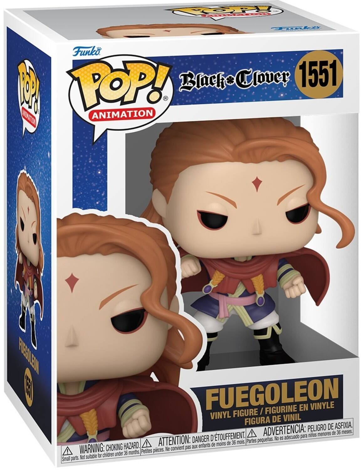 Funko POP! Animation  
Black Clover  
1551  
Fuegoleon  

Vinyl Figure / Figurine en Vinyle / Figura de Vinilo  
Peligro de Asfixia / Danger d'Étouffement / Choking Hazard  

Warning: Not suitable for children under 36 months.  
Attention: Ne convient pas aux enfants de moins de 36 mois.  
Advertencia: No es adecuado para niños menores de 36 meses.  

Small parts.