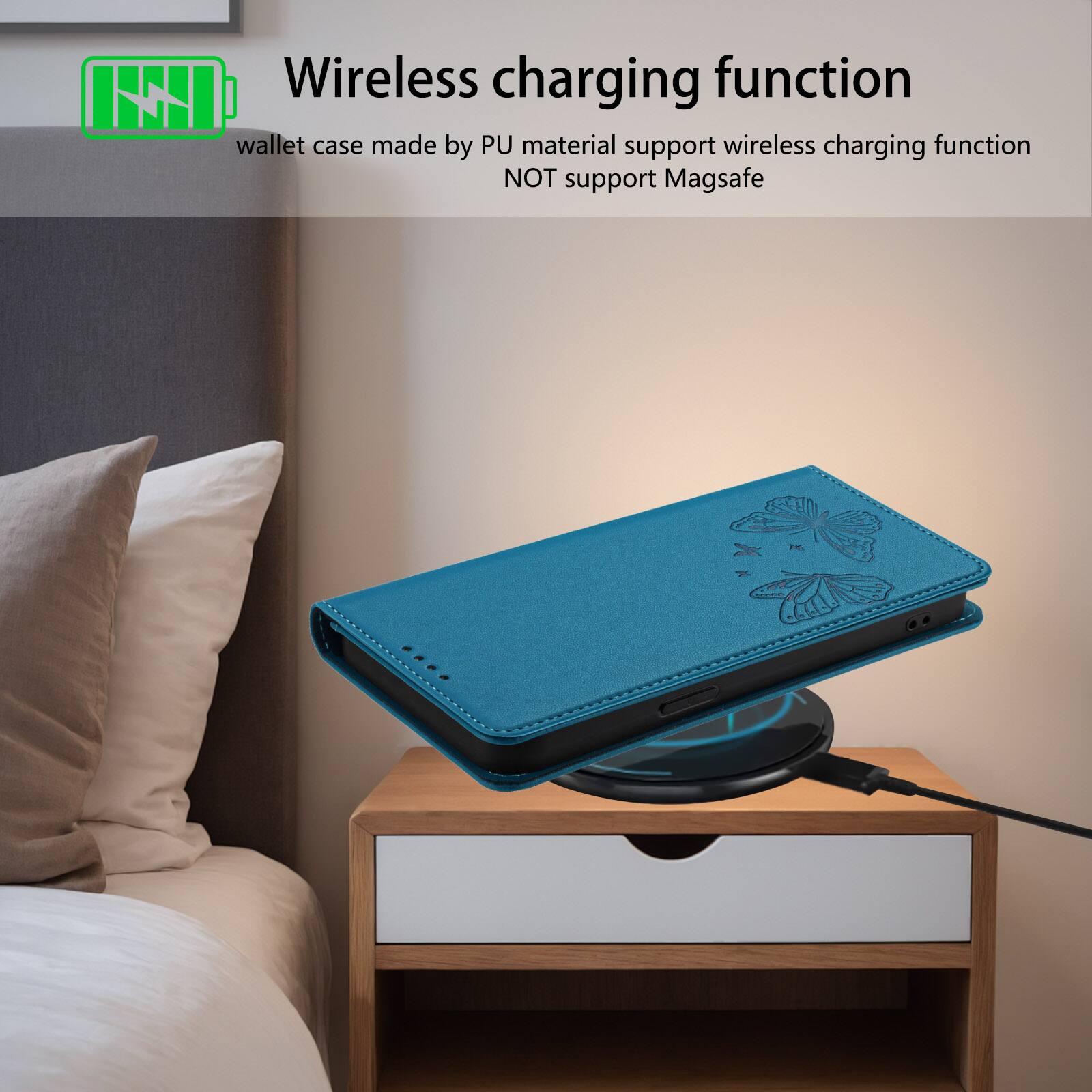 Wireless charging function

wallet case made by PU material support wireless charging function NOT support Magsafe