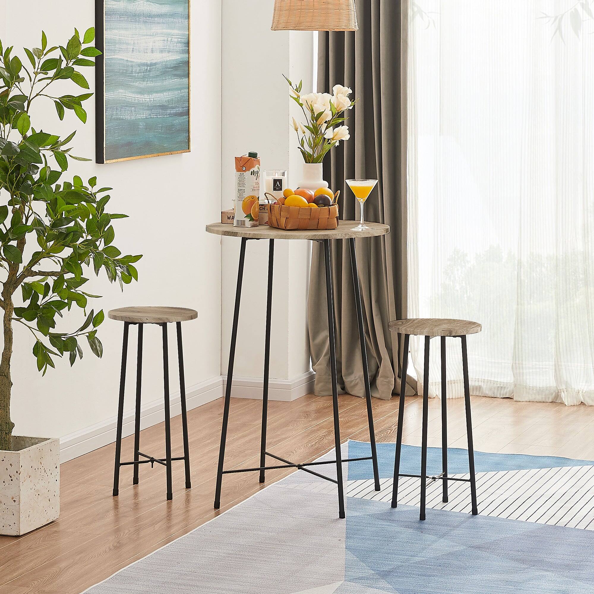 Angle. Vecelo - 3-Piece Pub Table Set - Counter Height Table & 2 Stools,Breakfast & Coffee Table for Small Spaces, Compact Bistro Set - Maple.