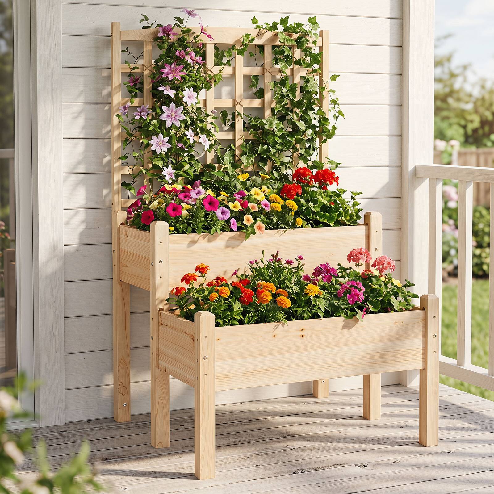 Alt View 1. Gymax - Gymax Raised Garden Bed w/ Trellis 2-Tier Elevated Planter Box for Climbing Plants - Yellow.
