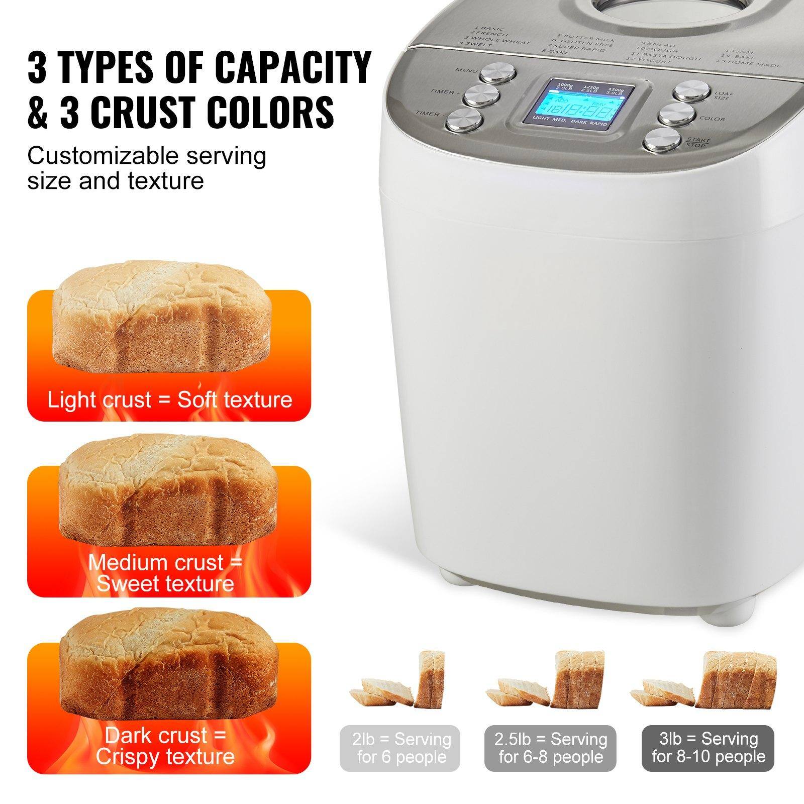3 TYPES OF CAPACITY & 3 CRUST COLORS  
Customizable serving size and texture  

Light crust = Soft texture  
Medium crust = Sweet texture  
Dark crust = Crispy texture  

2lb = Serving for 6 people  
2.5lb = Serving for 6-8 people  
3lb = Serving for 8-10 people