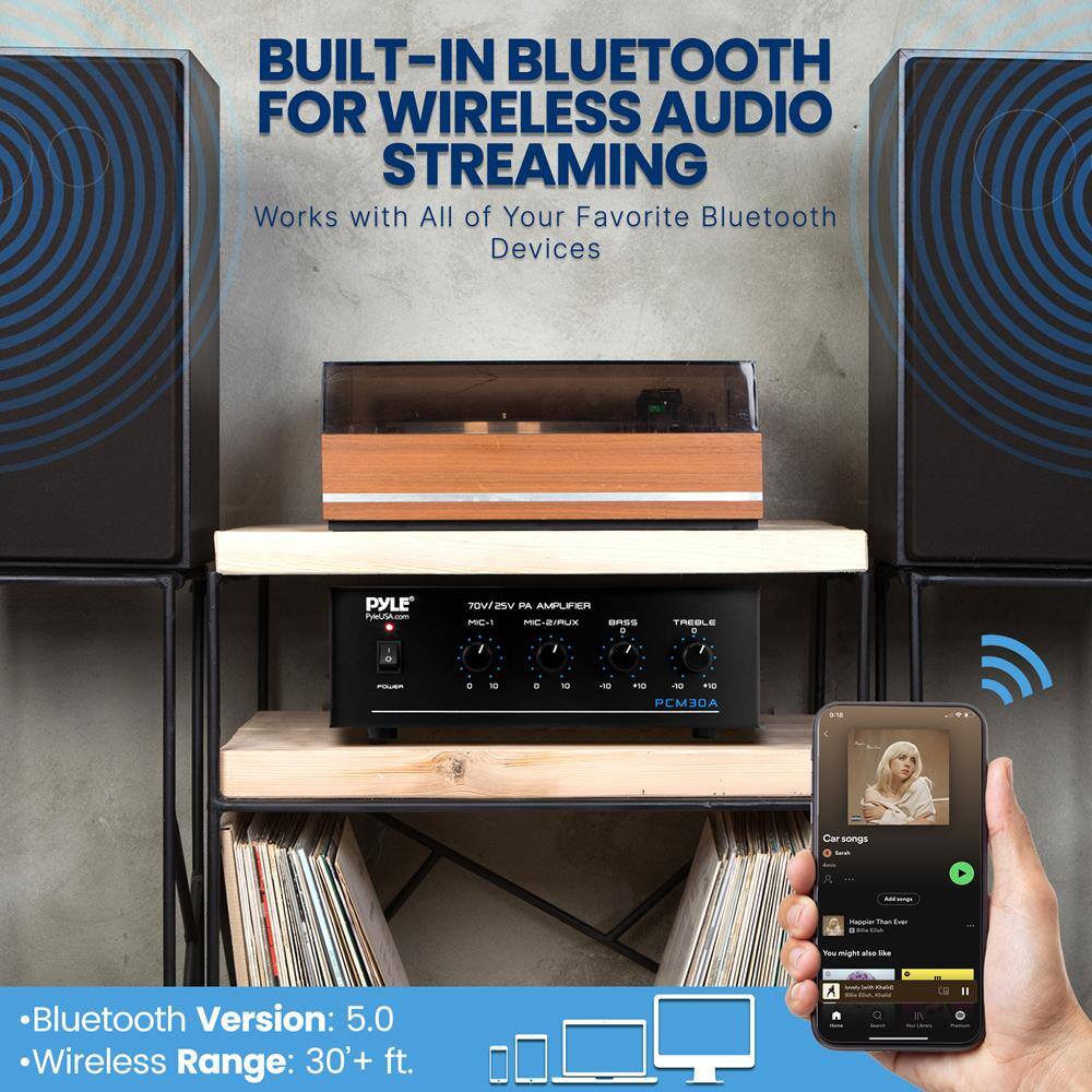 BUILT-IN BLUETOOTH FOR WIRELESS AUDIO STREAMING  
Works with All of Your Favorite Bluetooth Devices  

- Bluetooth Version: 5.0  
- Wireless Range: 30+ ft.  

PYLE  
70W/25V PA AMPLIFIER  
PCM10A  

Car songs  
- Add to queue  
- You might also like  
- Add to playlist  
- Add to library  
- Share  
- More