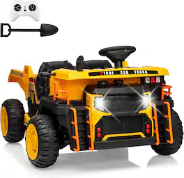 GARVEE - 24V 2-Seater Ride-On Dump Truck for Kids, 2WD/4WD Switch, Remote Control, Electric Lift Bed, Shovel, LED Lights, Music - Yellow