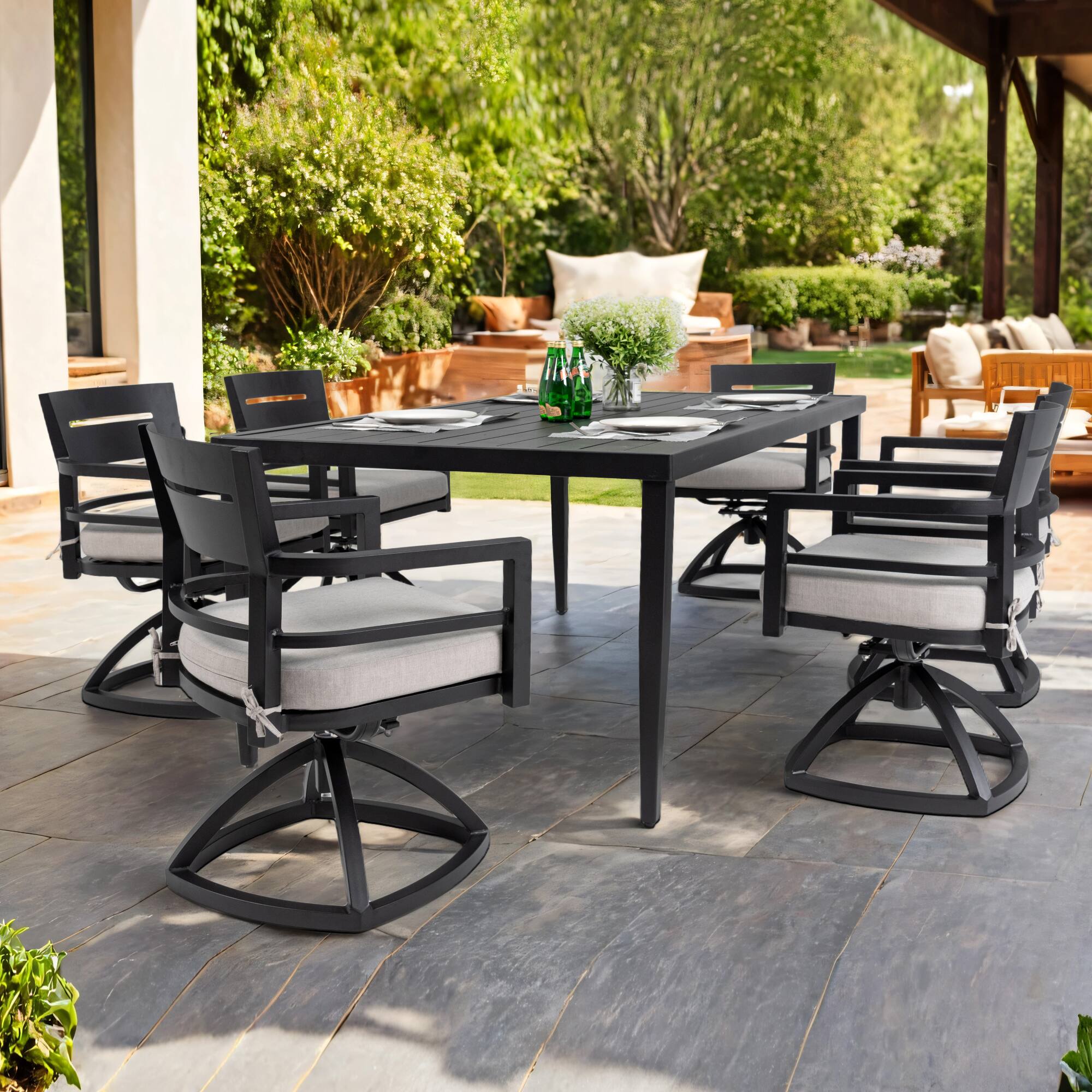 Angle. Siljoy - 7-Piece Aluminum Dining Set, 6 Swivel Rockers, Table w/Umbrella Hole, Ember Black - Ember Black.