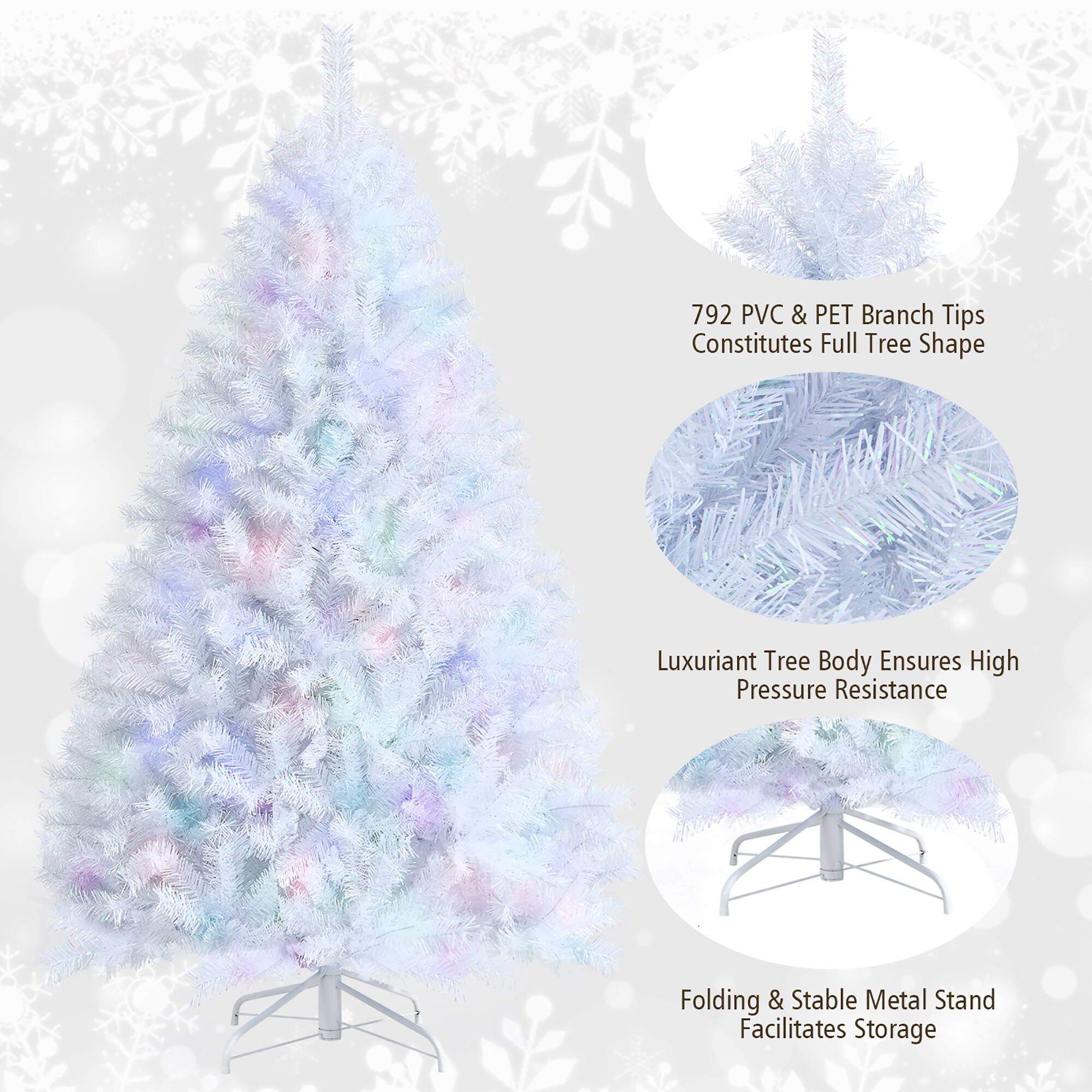 The text on the image describes a Christmas tree that is made of 792 PVC & PET branch tips, which form the full tree shape. The tree has a luxuriant tree body that ensures high pressure resistance. The tree also comes with a folding and stable metal stand that facilitates storage.