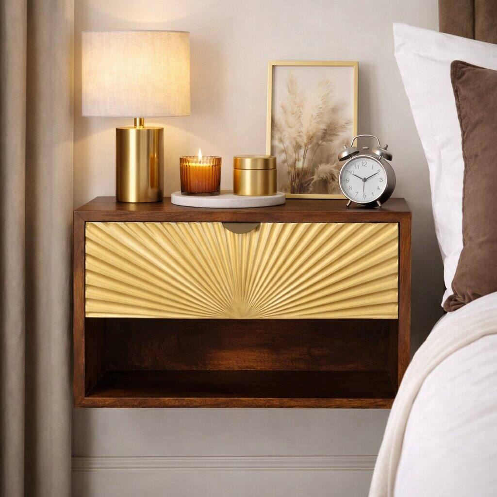 Alt View 6. Artisan Furniture - Artisan Furniture Solid Wood Sunburst Wall-Mounted Bedside, 1 Drawer, 1 Open Shelf, Brown And Gold - Brown and Gold.