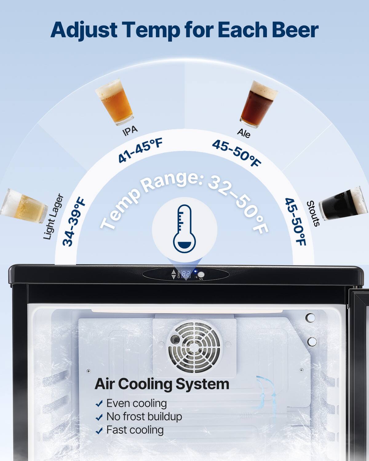 Adjust Temp for Each Beer

- IPA: 41-45°F
- Ale: 45-50°F
- Light Lager: 34-39°F
- Stouts: 45-50°F

Temp Range: 32-50°F

Air Cooling System
- Even cooling
- No frost buildup
- Fast cooling