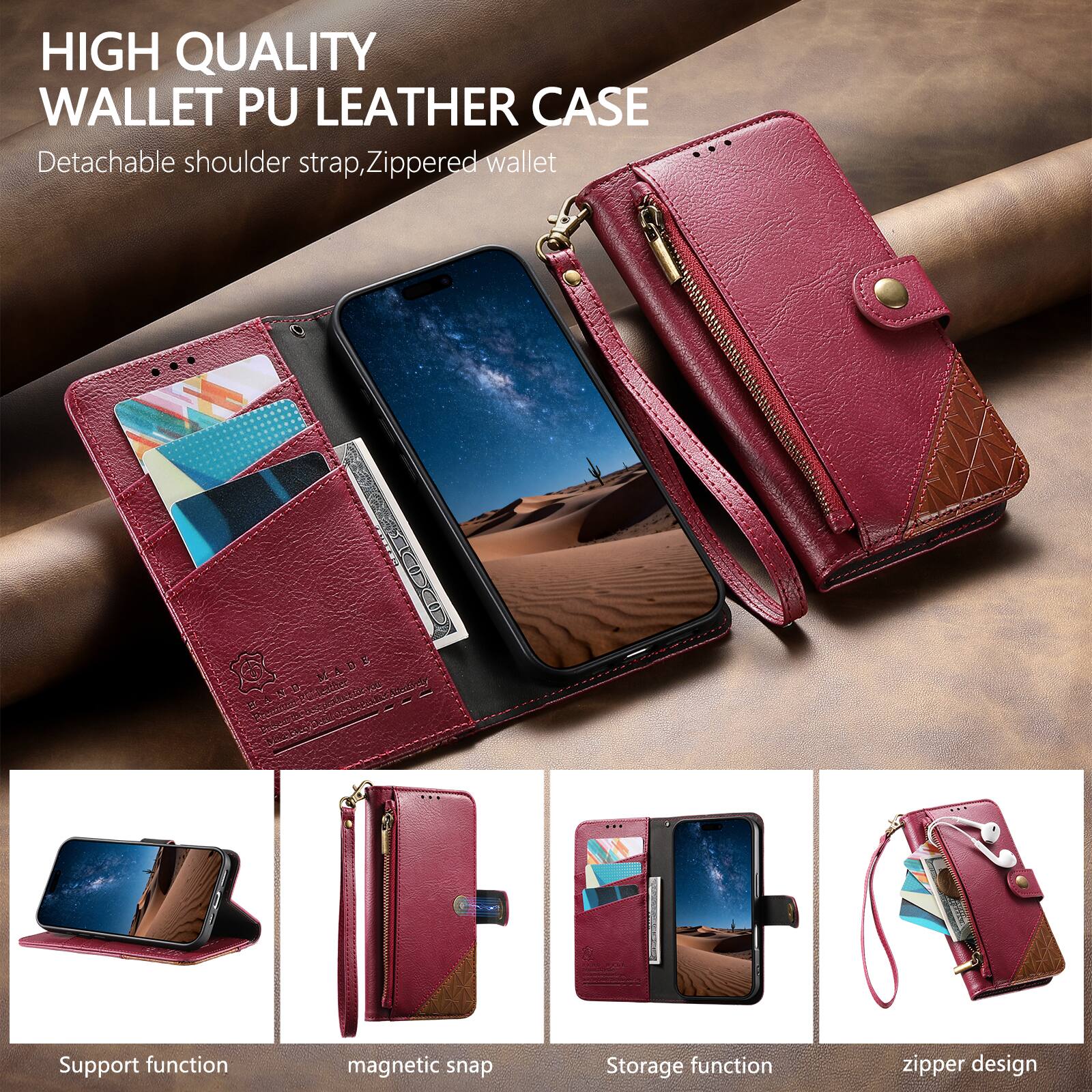 HIGH QUALITY WALLET PU LEATHER CASE

- Detachable shoulder strap
- Zippered wallet

T1 Support function
- Magnetic snap
- Storage function
- Zipper design