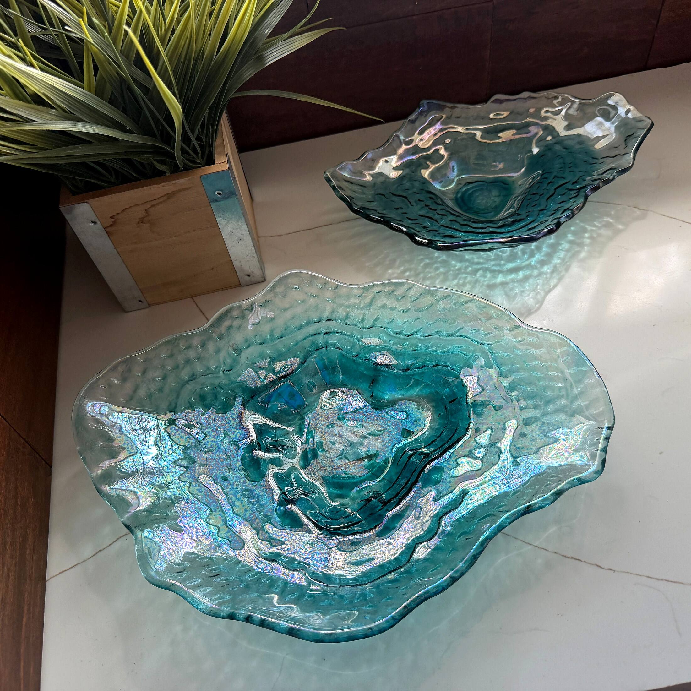 Alt View 3. Things2Die4 - Set of 2 Oyster Shaped Decorative Plates Blue Iridescent Glass 13 In - Blue.