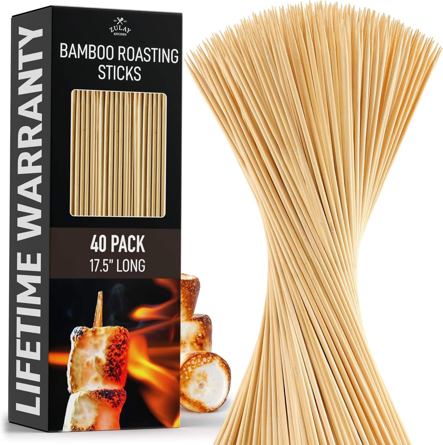 Zulay Kitchen - Authentic Bamboo Marshmallow Smores Sticks - 40 Extra Long 17.5 Inch Roasting Skewers