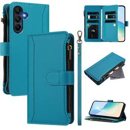 Dteck - Crossbody Wallet Case for Samsung Galaxy A16 5G, Shockproof Zipper PU Leather Flip Stand Cover with 9 Card Slots - Blue