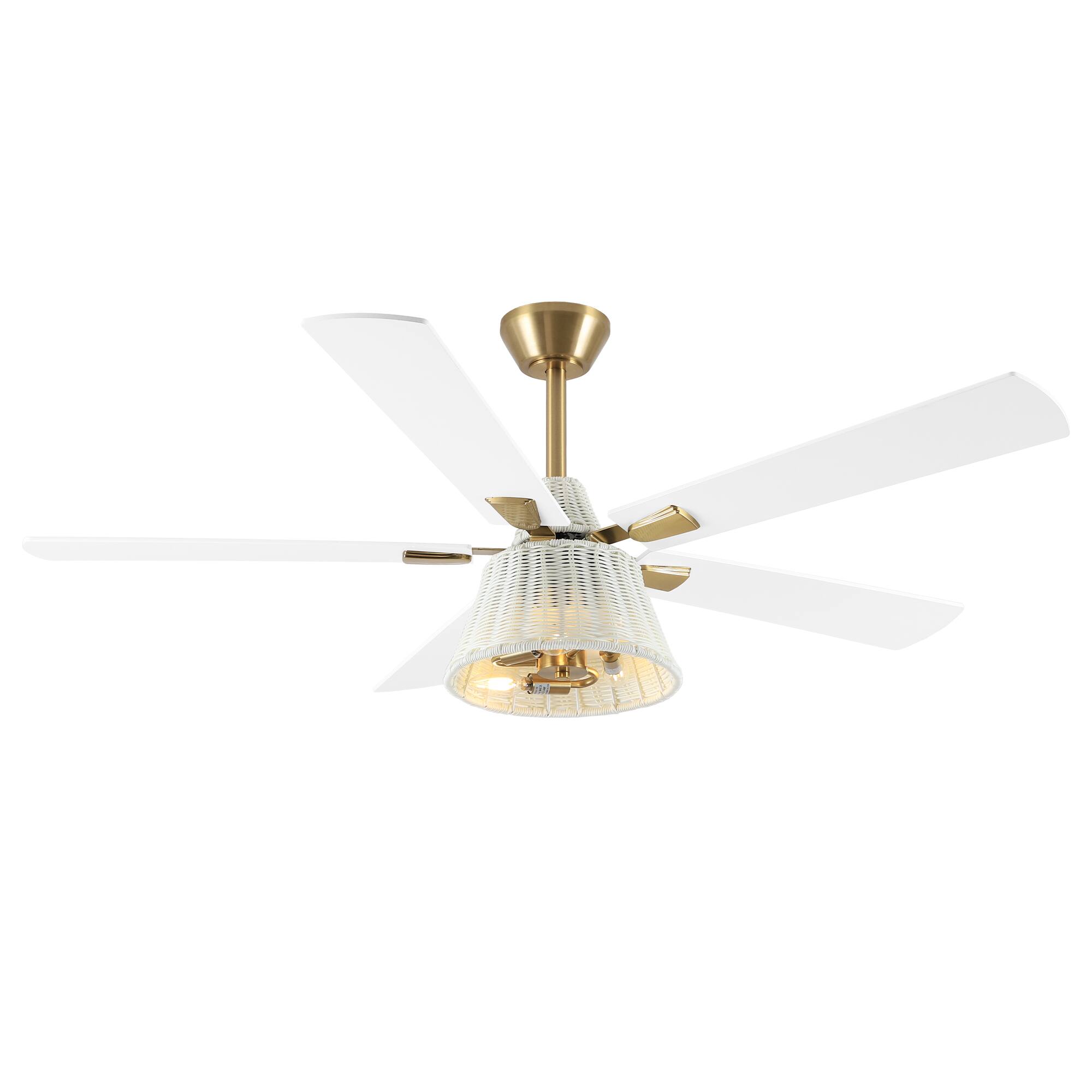 Alt View 6. Parrot Uncle - 52" Bohemian Brass Ceiling Fan with Remote and White Woven Plastic Rattan - Brass.