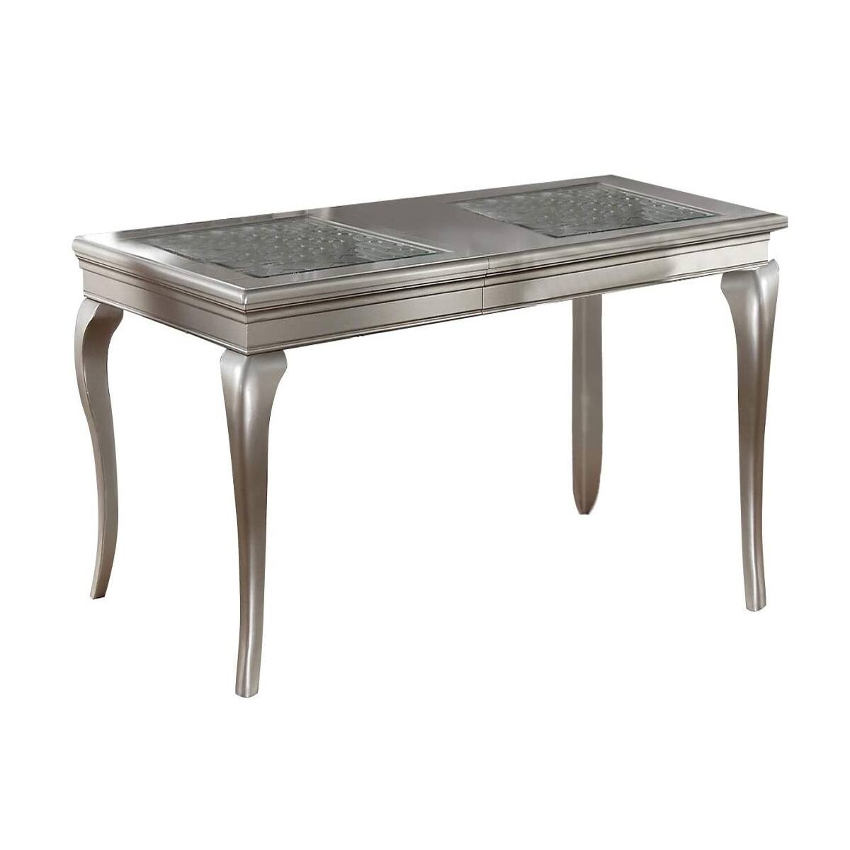 Alt View 2. Loheer - Loheer Silver Rectangular Dining Table With Glass Insert Top and Extension Leaf - Champagne and silver.