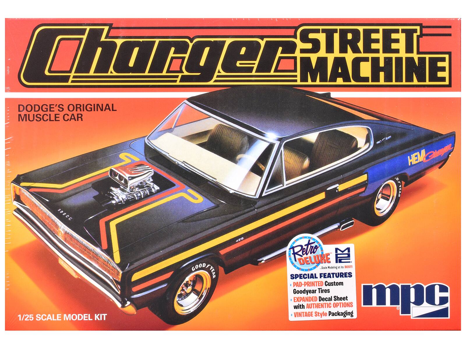 **Charger Street Machine**

**Dodge's Original Muscle Car**

**1/25 Scale Model Kit**

**Special Features:**
- Pad-Printed Custom Goodyear Tires
- Expanded Decal Sheet
- Authentic Options
- Vintage Style Packaging

**MPC**