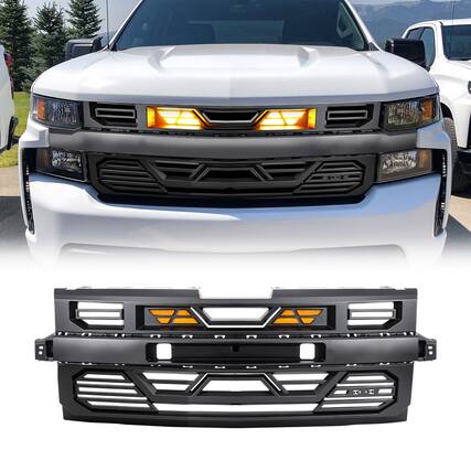 Front. AMERICAN MODIFIED - AMERICAN MODIFIED Grille w/Lights for 19-21 Chevy Silverado 1500, Matte Black - Matte Black.