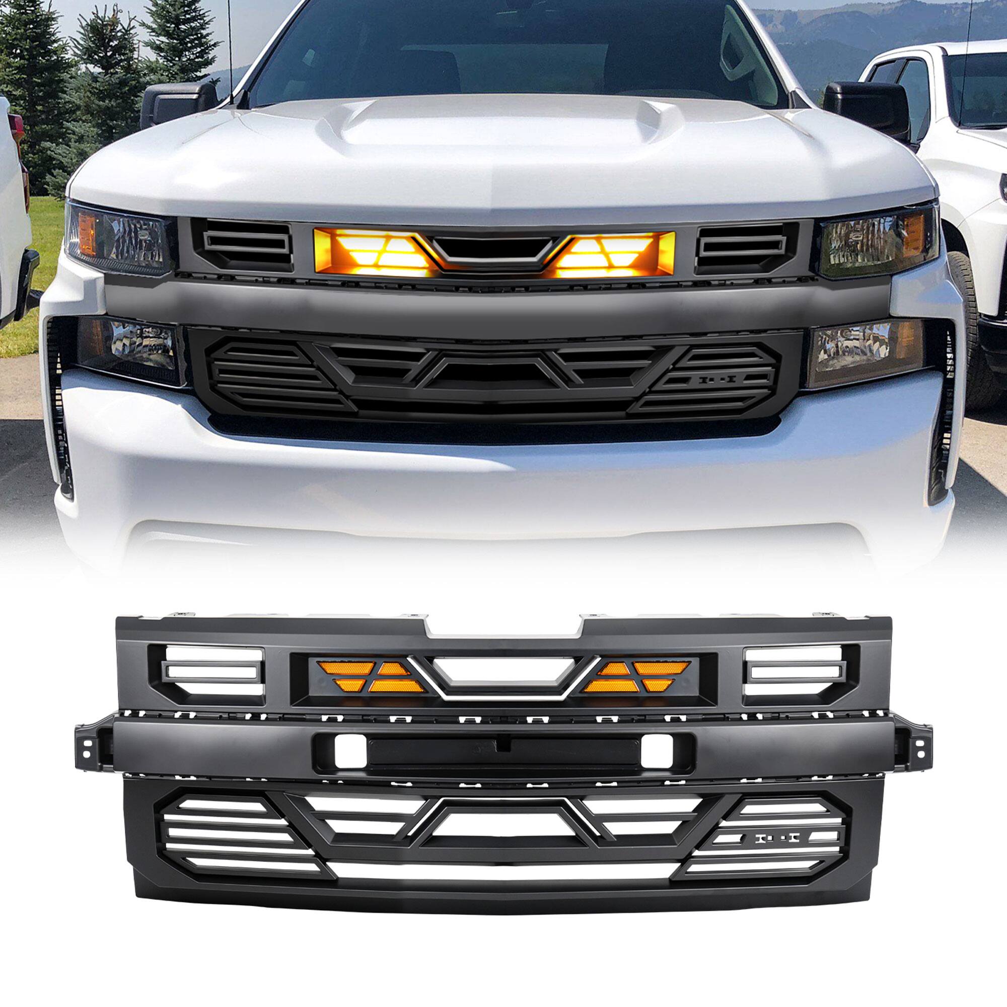 Front. AMERICAN MODIFIED - AMERICAN MODIFIED Grille w/Lights for 19-21 Chevy Silverado 1500, Matte Black - Matte Black.