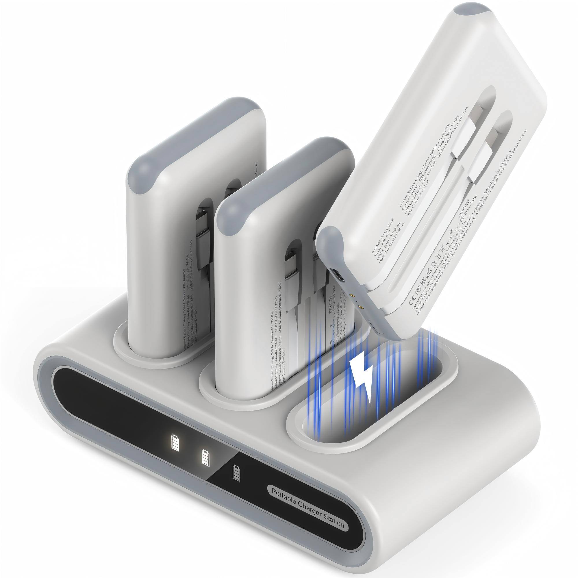 PRIMEPLUS - 10000mAh Power Bank with Built-in Cables, 3 Out 1 In Family Hub w/Stickers for Home Office - White