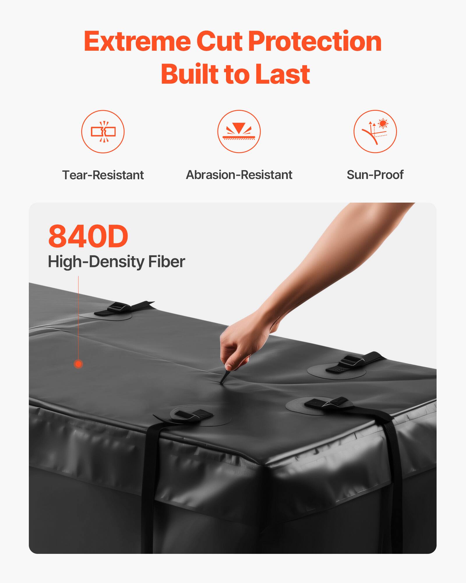 Extreme Cut Protection  
Built to Last  

Tear-Resistant  
Abrasion-Resistant  
Sun-Proof  

840D  
High-Density Fiber