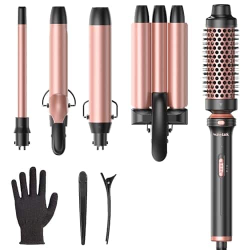 ESBANY - Wavytalk 5 in 1 Curling Wand Set, Dual Voltage Curling Iron Set with 5 Interchangeable Barrels Included A Thermal Brush,