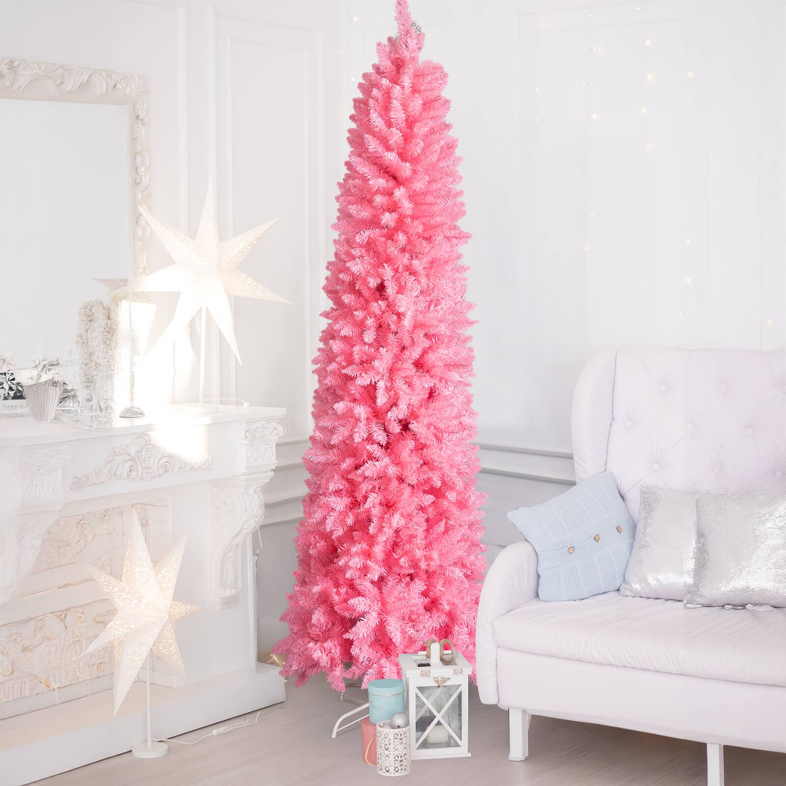 Back. VAVSEA - 7.5 ft Pink Pencil Christmas Tree Artificial Slim, 1075 Tips Hinged Unlit Christmas Tree with Stand for Holiday Decor - Pink.