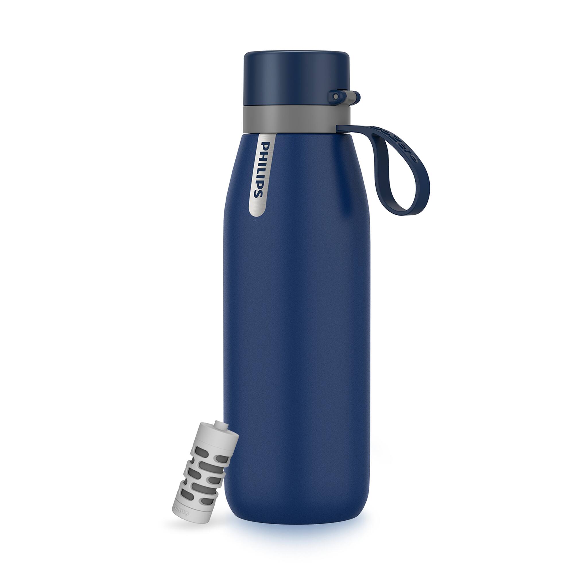 Angle. Philips - Water GoZero Everyday Insulated Stainless Steel XL Water Bottle with Filter, 32oz - Navy Blue.