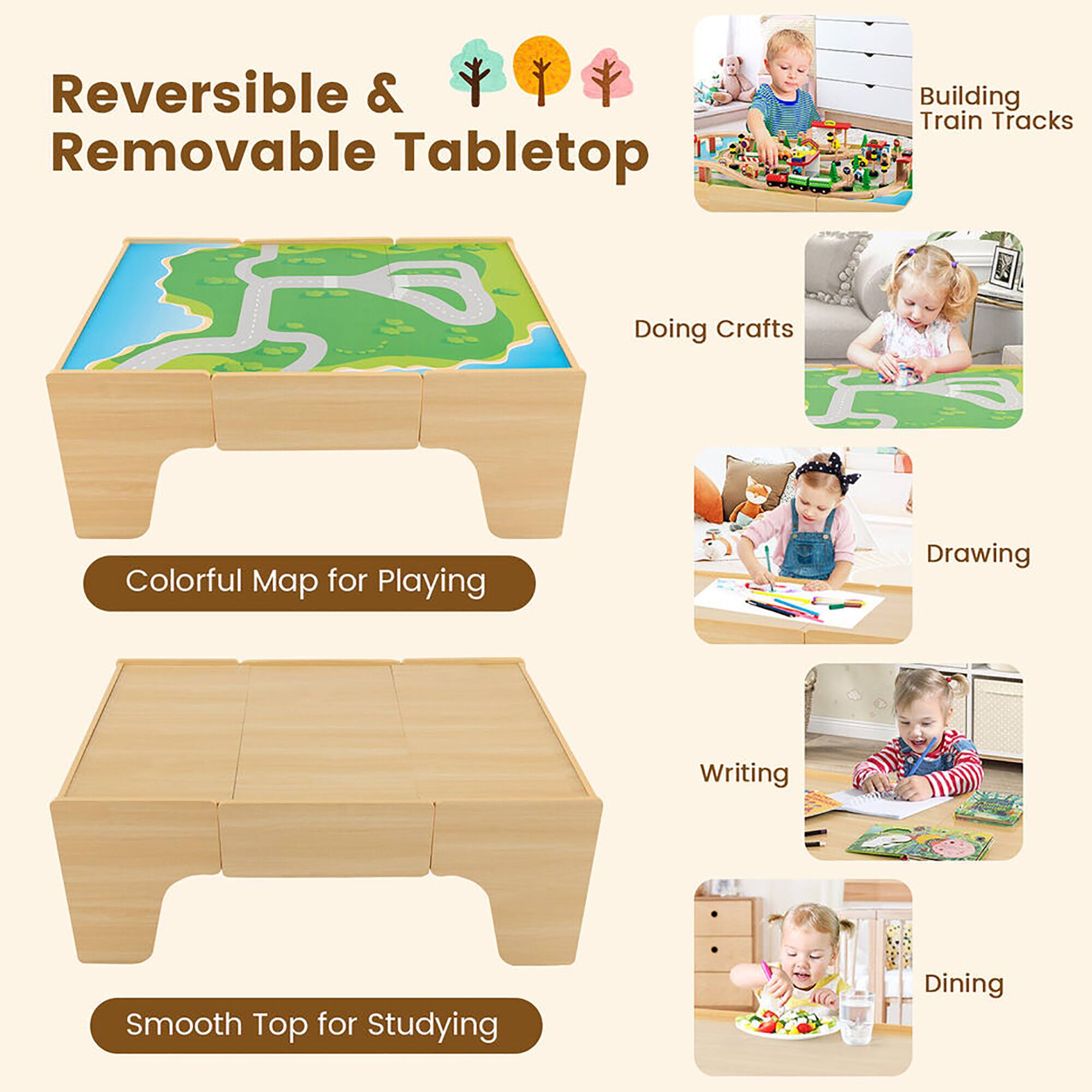Reversible & Removable Tabletop

- Colorful Map for Playing
- Smooth Top for Studying

Building Train Tracks
Doing Crafts
Drawing
Writing
Dining