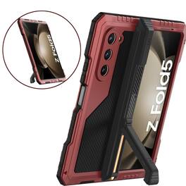 Dteck - for Samsung Galaxy Z Fold 5 Case with S Pen Holder,Heavy Duty Metal Rubber Hybrid Shockproof Case with Hinge Protection - Red
