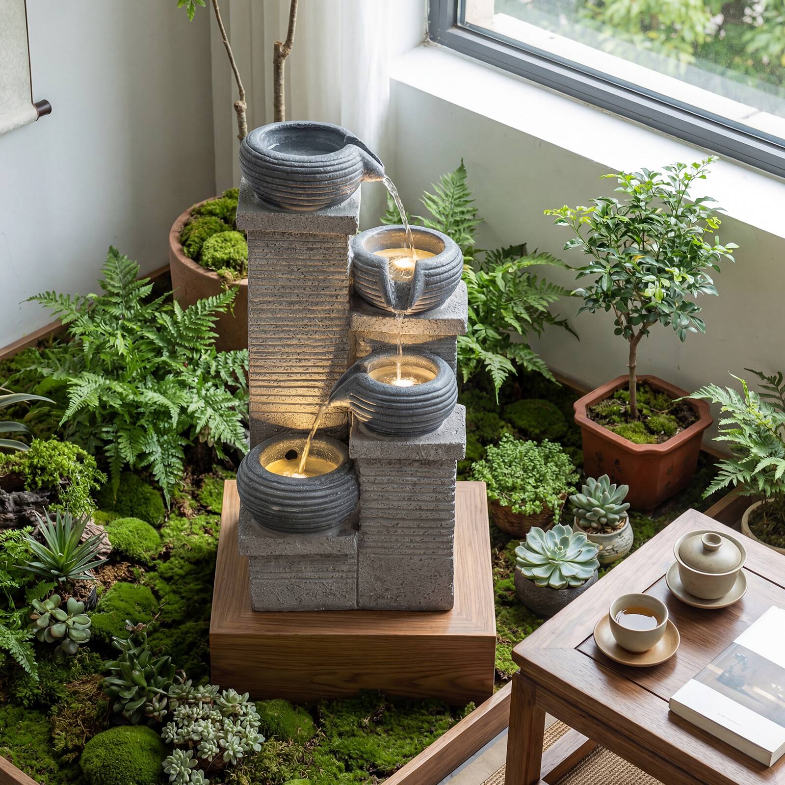 Alt View 4. Gymax - Gymax 4-Tier Water Fountain 23'' Cascading Bowl Waterfall Fountain w/LED Lights & Pump - Gray.