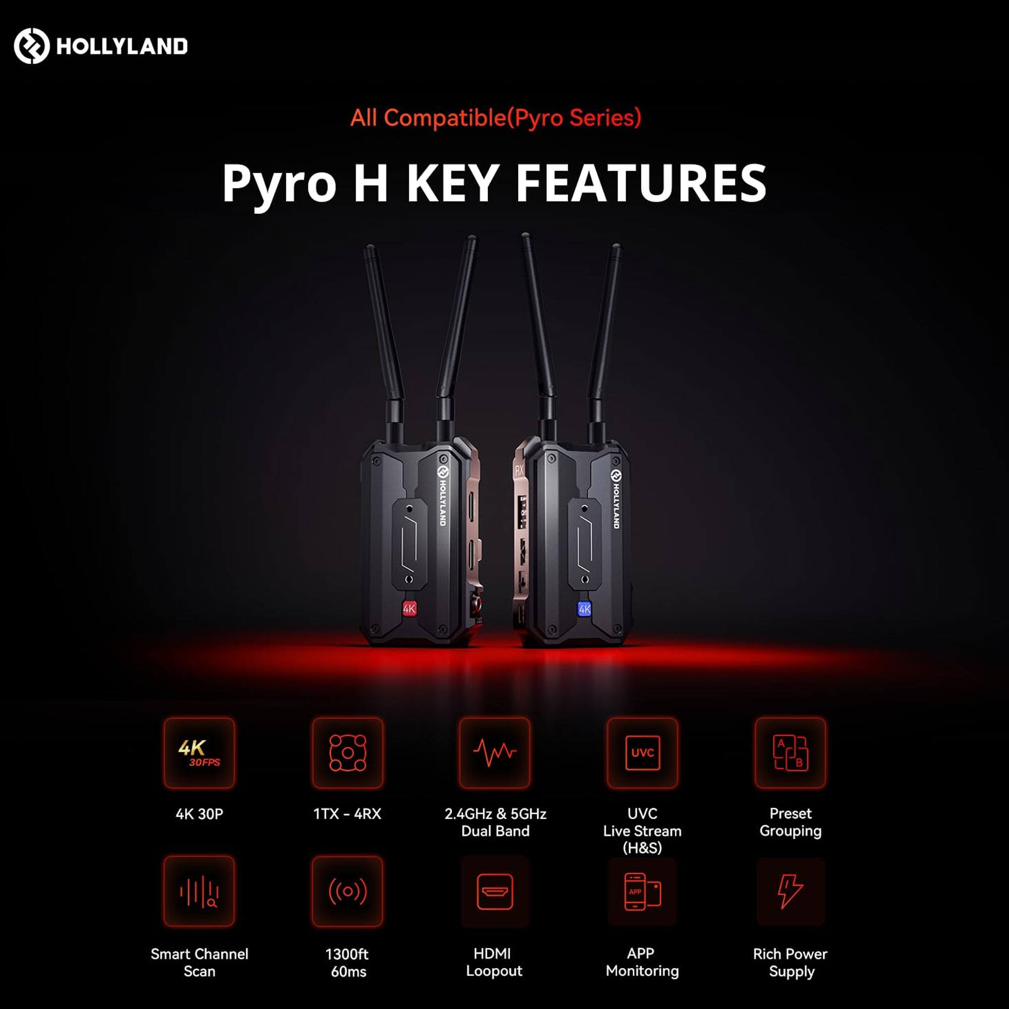 HOLLYLAND All Compatible (Pyro Series)  
Pyro H KEY FEATURES  
- 4K 30P  
- 1TX - 4RX  
- 2.4GHz & 5GHz Dual Band  
- UVC Live Stream (H&S)  
- Preset Grouping  
- Smart Channel Scan  
- 1300ft 60ms  
- HDMI Loopout  
- APP Monitoring  
- Rich Power Supply