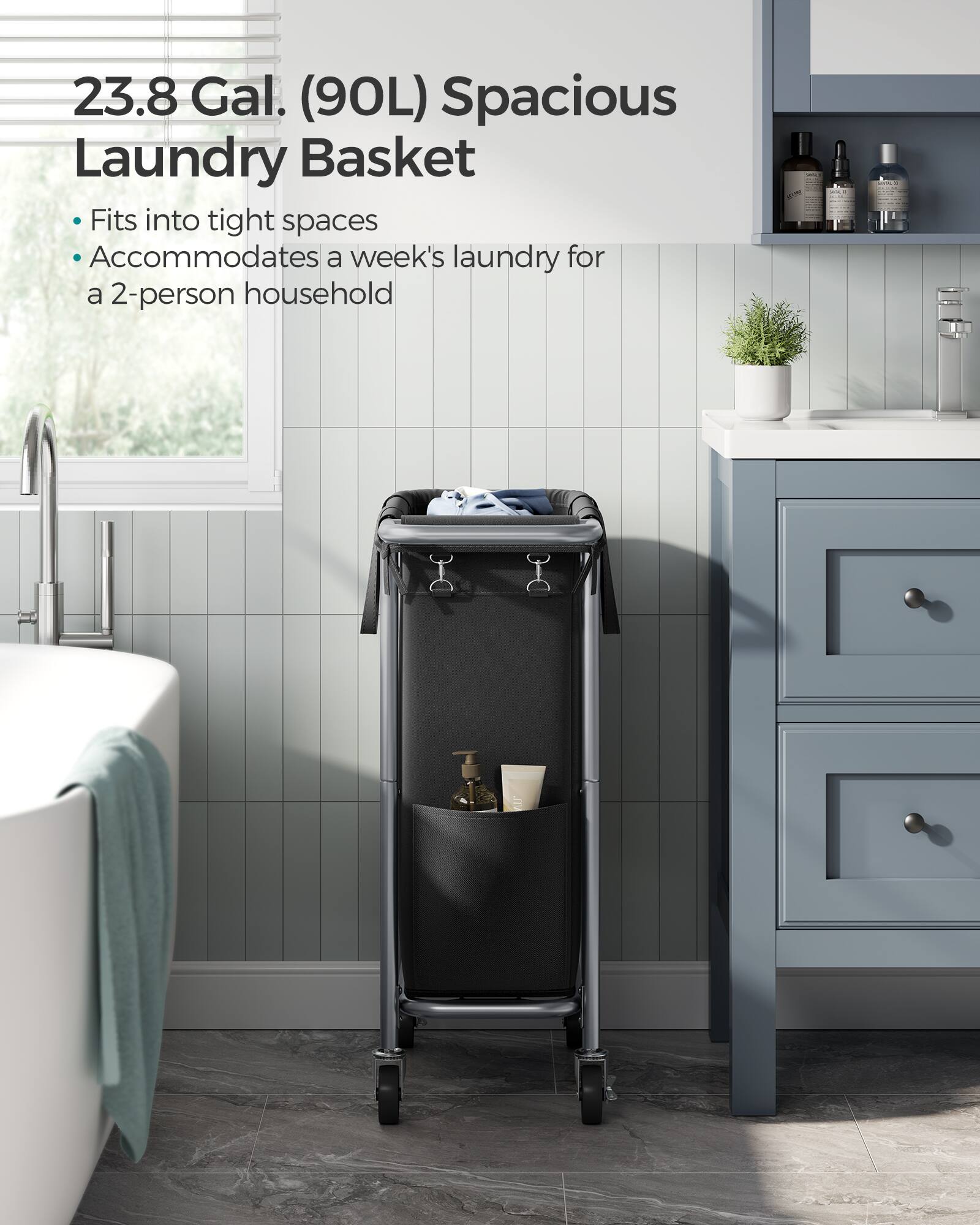 23.8 Gal. (90L) Spacious Laundry Basket

- Fits into tight spaces
- Accommodates a week's laundry for a 2-person household