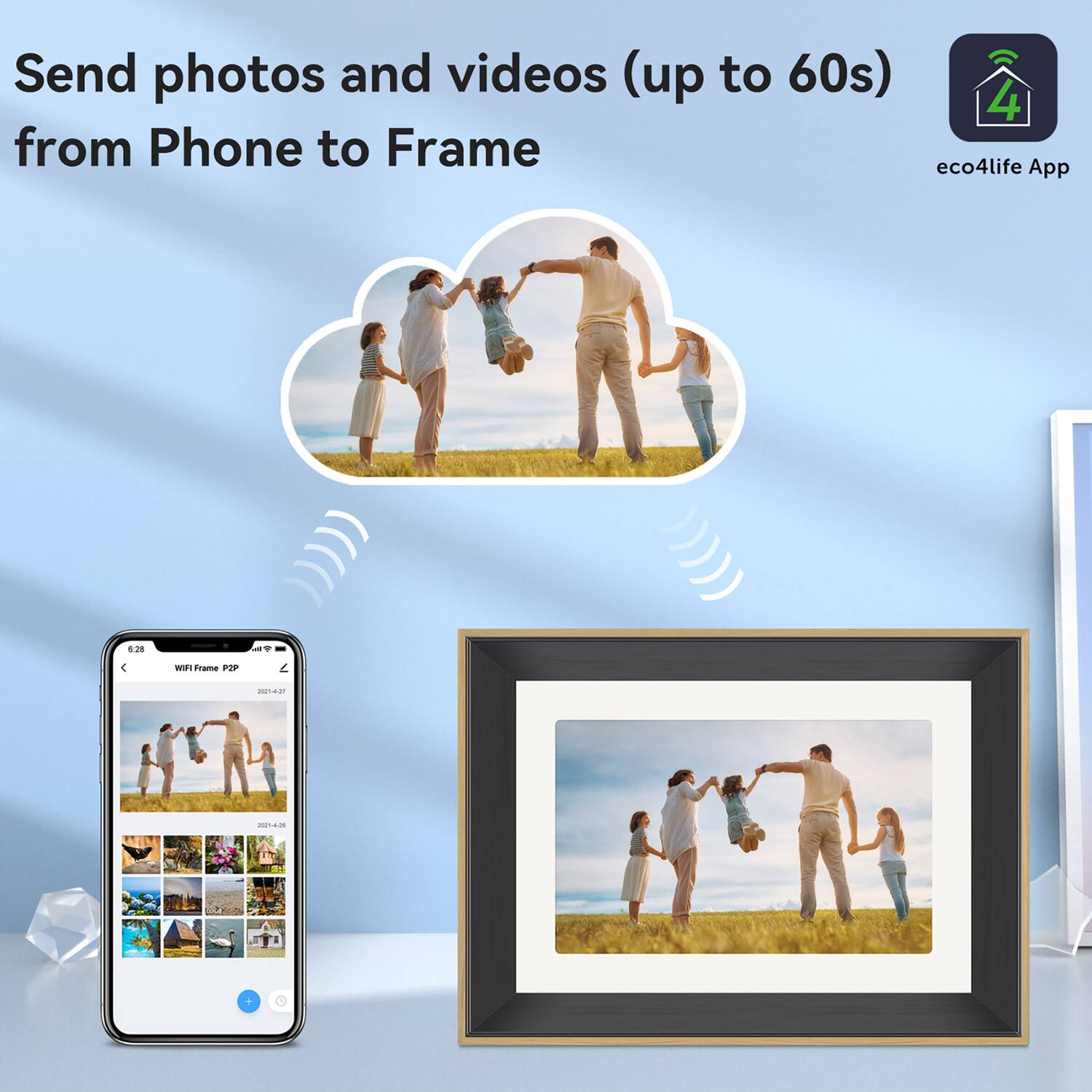 Send photos and videos (up to 60s) from Phone to Frame  
eco4life App