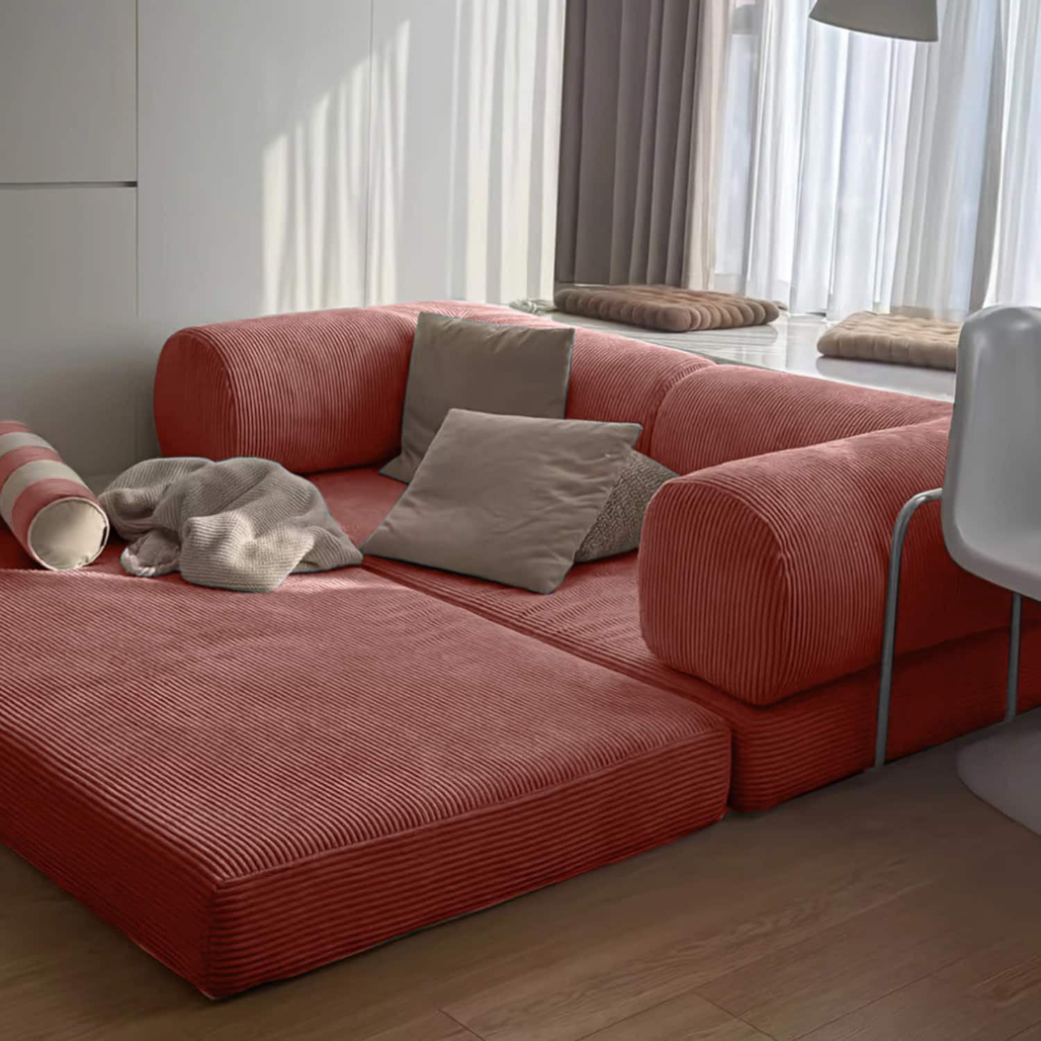 Front. KERDOM - 78 Inch W Sectional Modular Sofa, 3-4 Person Corduroy Sofa Bed Foldable, High Rebound Density Sponge Sofa, Block Couch - Pink.