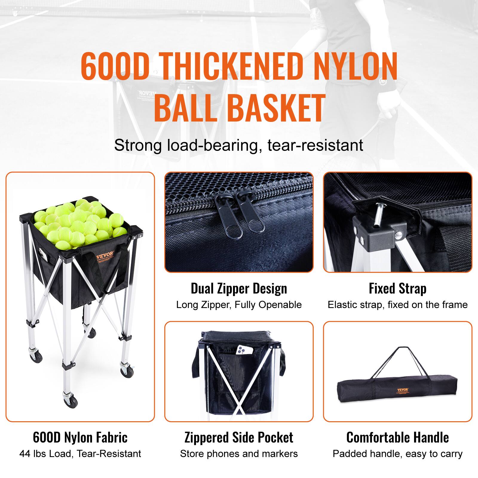 600D Thickened Nylon Ball Basket  
Strong load-bearing, tear-resistant  

- 600D Nylon Fabric  
  44 lbs Load, Tear-Resistant  

- Dual Zipper Design  
  Long Zipper, Fully Openable  

- Fixed Strap  
  Elastic strap, fixed on the frame  

- Zippered Side Pocket  
  Store phones and markers  

- Comfortable Handle  
  Padded handle, easy to carry