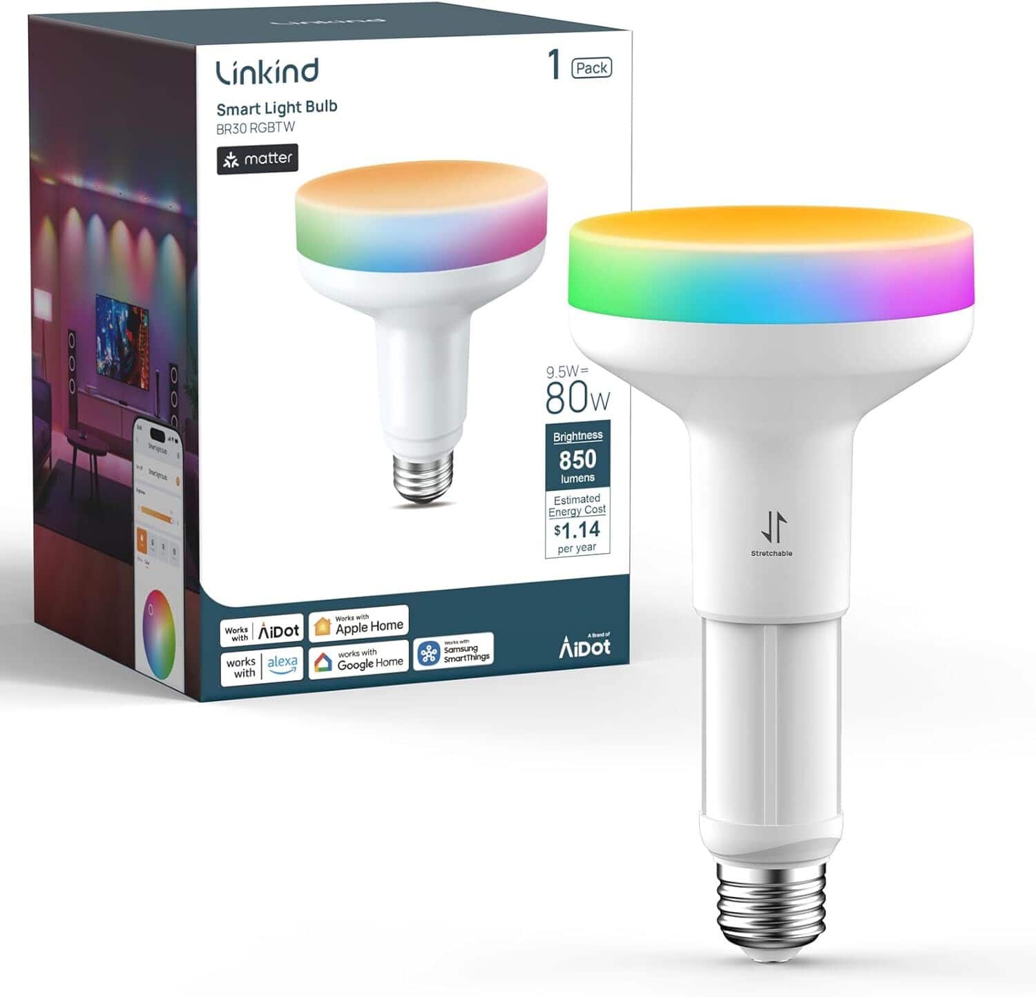 Linkind - BR30 Smart LED Bulb Matter Compatible, Stretchable Design, 4-Zone Aurascape Color, Color Changing (1-Pack) - Multicolor