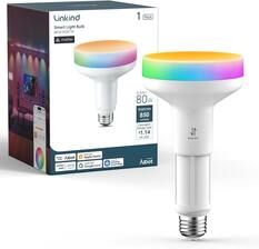 Linkind Smart Light Bulb BR30 RGBTW 1 Pack
- 9.5W = 80W
- Brightness: 850 lumens
- Estimated Energy Cost: $1.14 per year
- Works with: Alexa, Apple Home, Google Home, Samsung SmartThings, AiDot