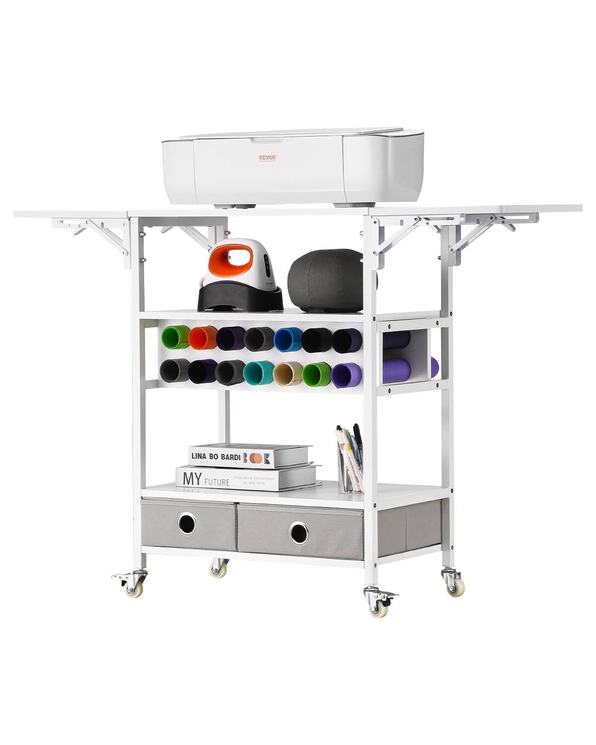 VEVOR - Rolling Craft Cart and Storage Table, Compatible with Cricut Machines, Collapsible Cricut Table with Foldable Sides - White