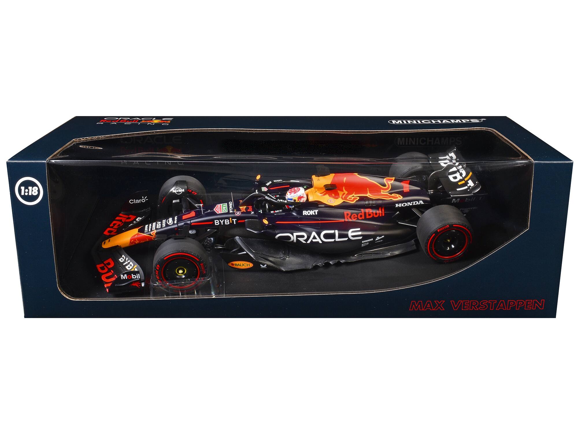 1:18 UOC  
MINICHAMPS ORACLE MINICHAMPS RACING  
Claro  
Mobil 1  
ROKT  
Red Bull  
BYBIT  
RAUCH  
HONDA  
MAX VERSTAPPEN