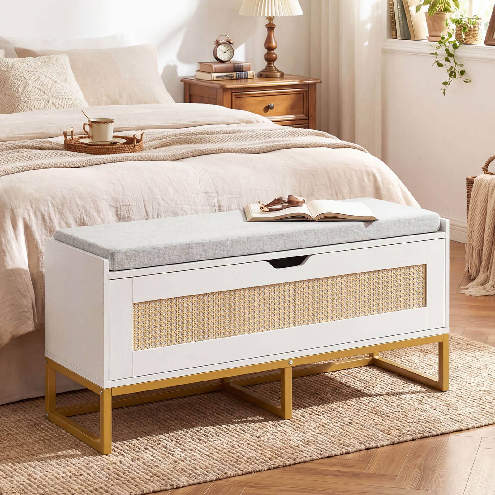 Alt View 3. Costway - Costway 39.5" Rattan Storage Chest with Padded Seat, Flip-Top and Safety Hinges for Bedroom - Gold, White.