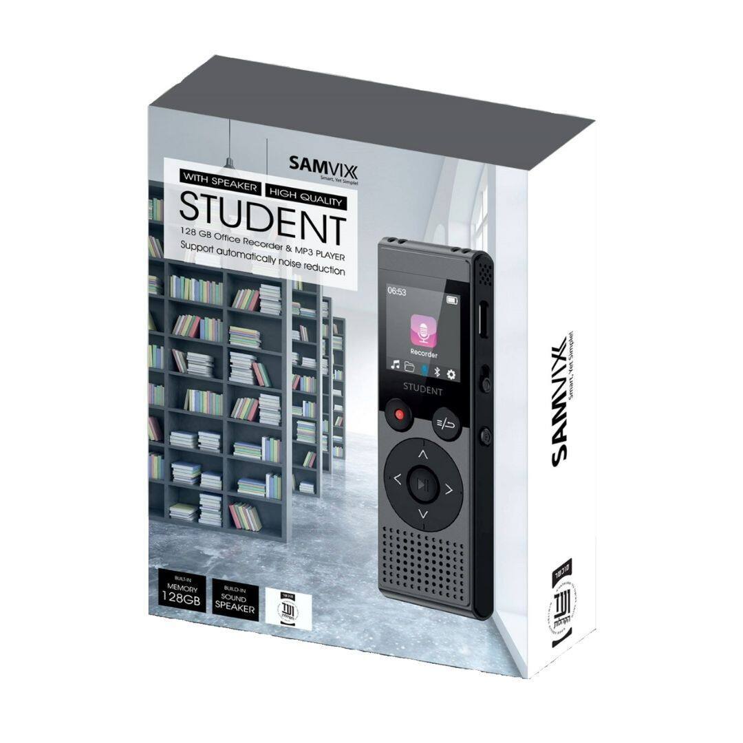 WITH SPEAKER - HIGH QUALITY STUDENT  
128 GB Office Recorder & MP3 PLAYER  
Support automatically noise reduction  

SAMVIX  
STUDENT  
128 GB Office Recorder & MP3 PLAYER  
Support automatically noise reduction  

BUILT IN MEMORY 128GB  
BUILT IN SOUND SPEAKER